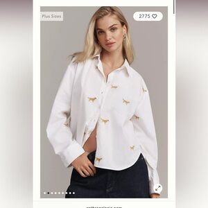 Anthropologie Dog Embroidered Button Down Shirt